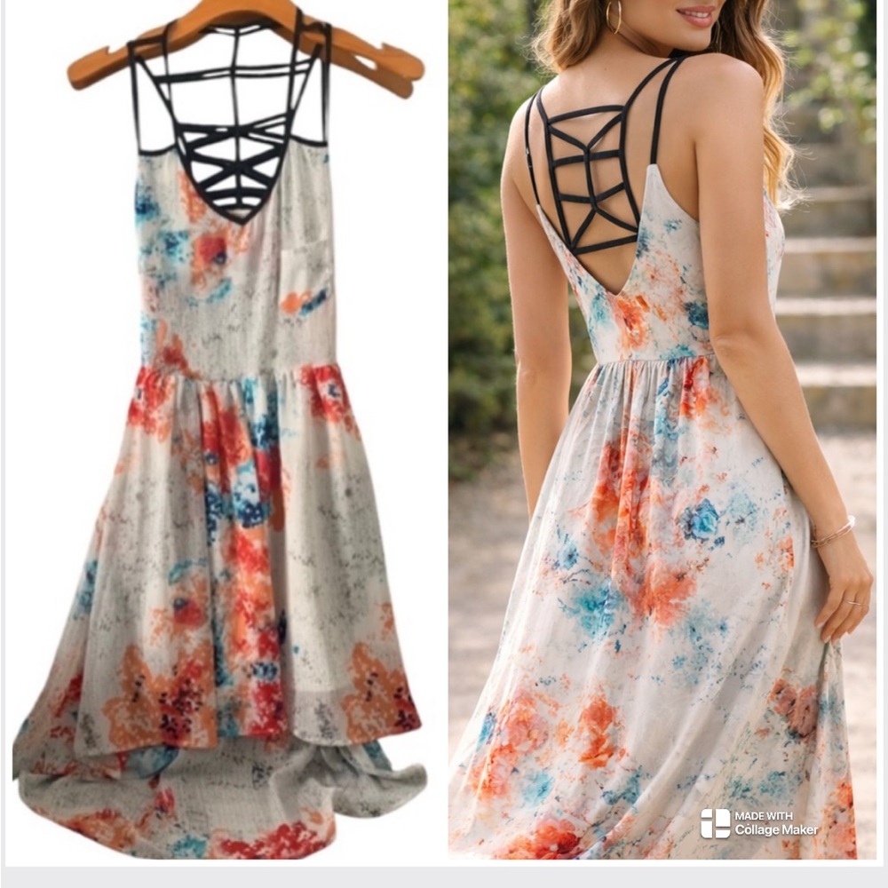 Arden B y2k Abstract Open Back Lace Up High Low Colorful Dress size small
